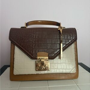 Aldo Brown and Cream Croc-Embossed Satchel